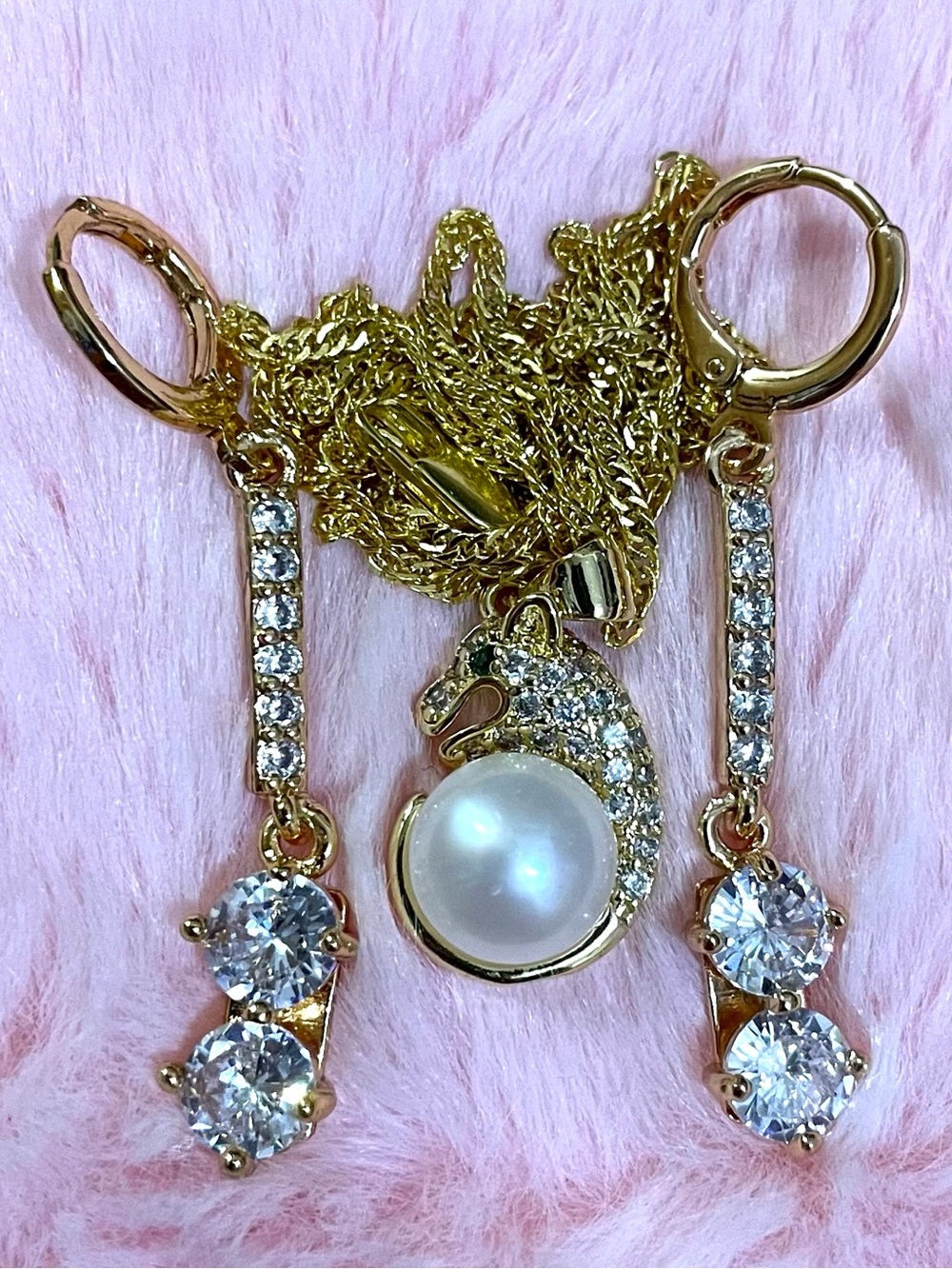 Natural White South Sea Pearl Pendant Necklace 22”, 18K Gold Filled Earrings